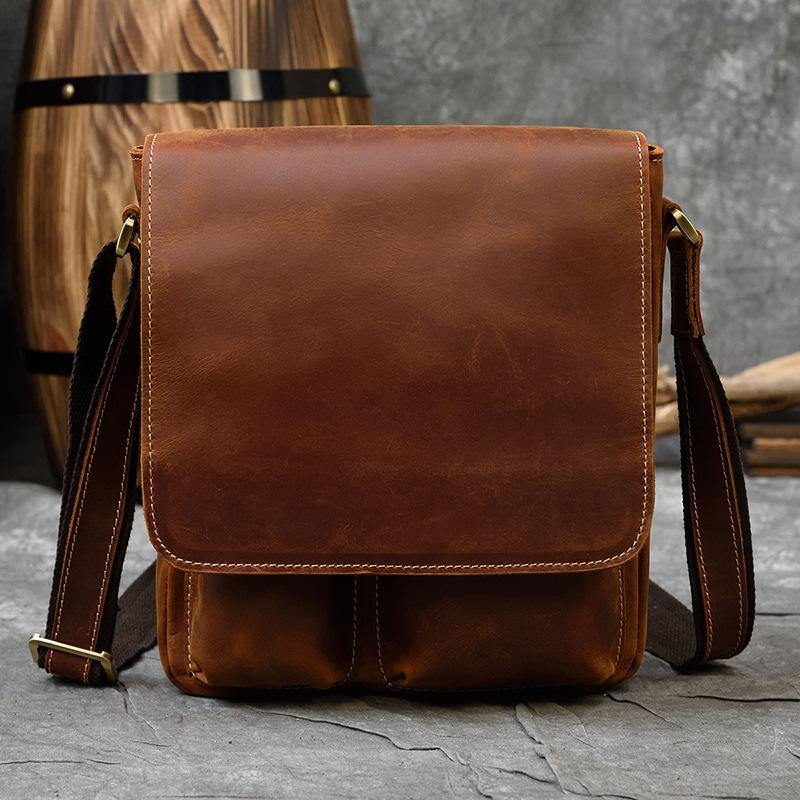 Small Brown Leather Messenger Bag Men's Vertical Side Bag Vertical HandBag Courier Bag For Men - iwalletsmen