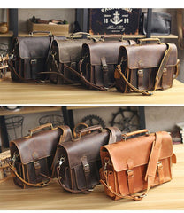 Vintage Dark Brown Leather Mens 14 inches Briefcase Work Shoulder Briefcase Handbags For Men - iwalletsmen