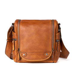 Best Brown Leather Men's Vertical Side Bag Square Roomy Messenger Bag For Men