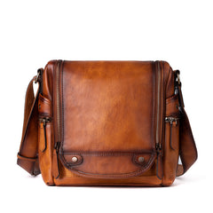 Best Brown Leather Men's Vertical Side Bag Square Roomy Messenger Bag For Men