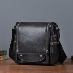 Best Black Leather Men's Vertical Side Bag Square Roomy Messenger Bag For Men