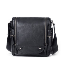 Best Black Leather Men's Vertical Side Bag Square Roomy Messenger Bag For Men