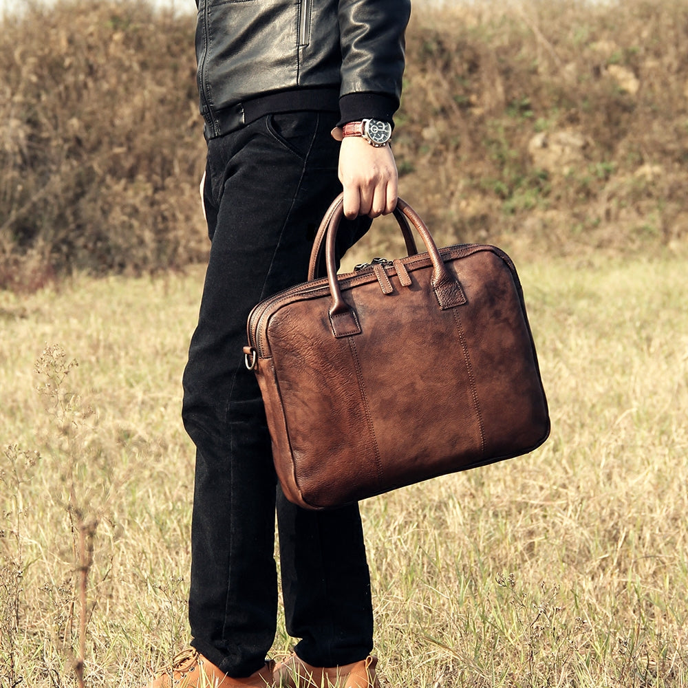 Genuine Leather Mens Vintage Brown Briefcase Shoulder Bag Work Bag Lap ...
