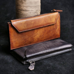 Genuine Leather Mens Cool Long Leather Wallet Card Wallet Clutch Wristlet Wallet for Men