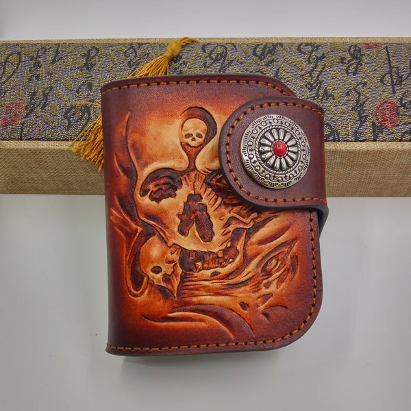 Handmade Leather Tooled Skull Prajna Mens Chain Biker Wallet Cool Leat ...