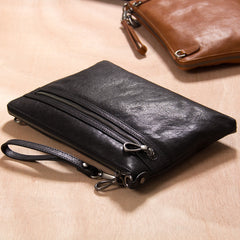 Leather Mens Clutch Wristlet Bag Brown Shoulder Bag Zipper Clutch for Men