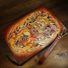 Handmade Leather Tooled Mens Cool Long Leather iPad Bag Wristlet Clutch Wallet for Men