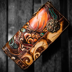 Handmade Leather Tooled Chinese Lion Mens Chain Biker Wallet Cool Leather Wallet Long Phone Wallets for Men