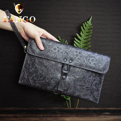 Handmade Leather Floral Tooled Mens Clutch Cool Slim Wallet Zipper Clutch Wristlet Wallet for Men