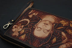 Handmade Leather Men Tooled Sakyamuni Buddha Cool Leather Wallet Long Phone Clutch Wallets for Men