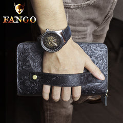 Handmade Leather Floral Tooled Mens Clutch Cool Slim Wallet Zipper Clutch Wristlet Wallet for Men