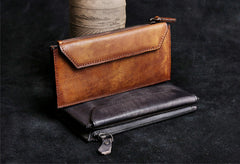 Genuine Leather Mens Cool Long Leather Wallet Card Wallet Clutch Wristlet Wallet for Men