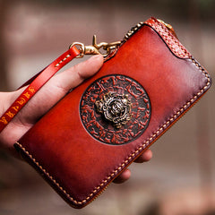 Handmade Leather Tibetan Mens Chain Biker Wallet Cool Leather Wallet Long Clutch Wallets for Men