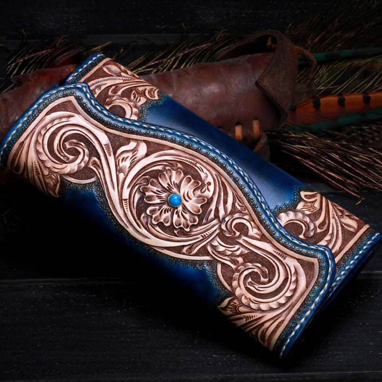 Handmade Leather Mens Tooled Floral Clutch Wallet Cool Wallet Long Wallets for Men Women