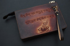 Handmade Leather Men Tooled Sakyamuni Buddha Cool Leather Wallet Long Phone Clutch Wallets for Men