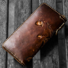 Handmade Leather Tooled Horse Mens Chain Biker Wallet Cool Leather Wallet Long Phone Wallets for Men