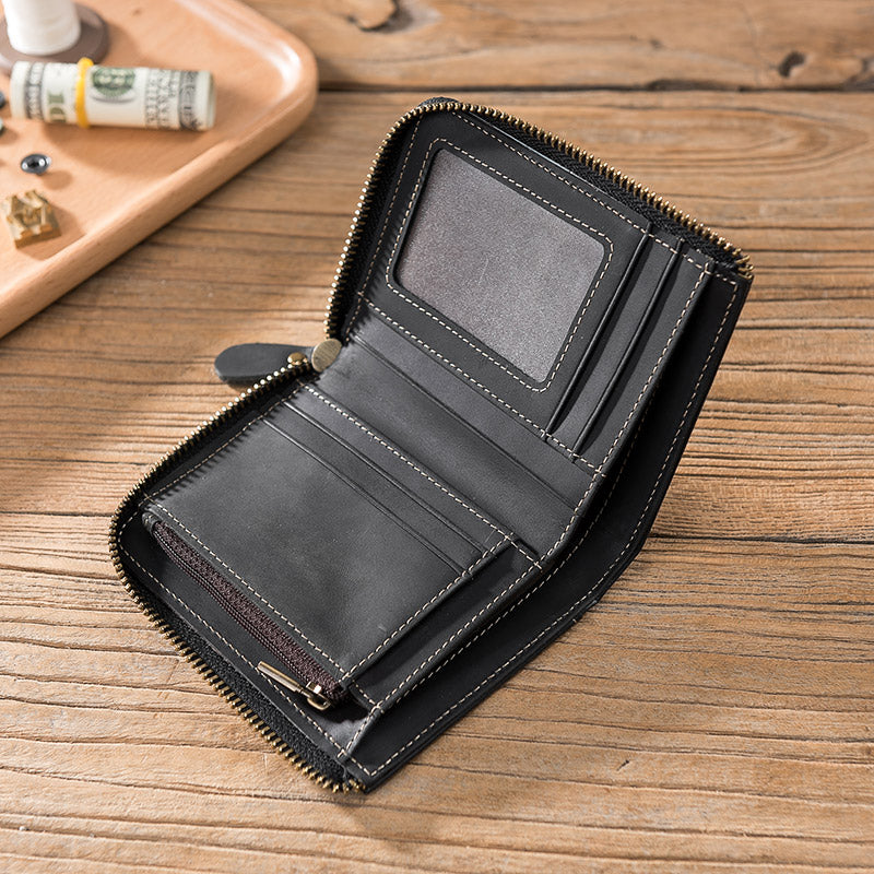 Handmade Leather Mens Cool Slim Leather Zipper Wallet Men Small Wallets Bifold for Men