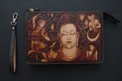 Handmade Leather Men Tooled Sakyamuni Buddha Cool Leather Wallet Long Phone Clutch Wallets for Men