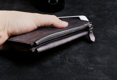 Genuine Leather Mens Cool Long Leather Wallet Card Wallet Clutch Wristlet Wallet for Men