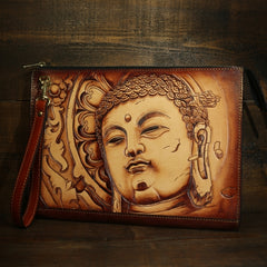 Handmade Leather Tooled Mens Cool Long Leather iPad Bag Wristlet Clutch Wallet for Men