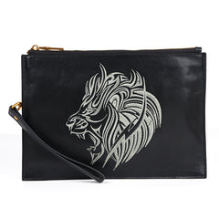 Handmade Leather Mens Clutch Cool Slim Lion Wallet Zipper Clutch Wristlet Wallet for Men - iwalletsmen