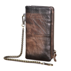 Leather Men's Biker Chain Wallet Cool Trifold Biker Long Wallet with Chain For Men