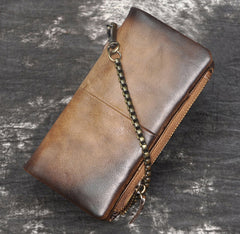 Leather Men's Biker Chain Wallet Cool Trifold Biker Long Wallet with Chain For Men