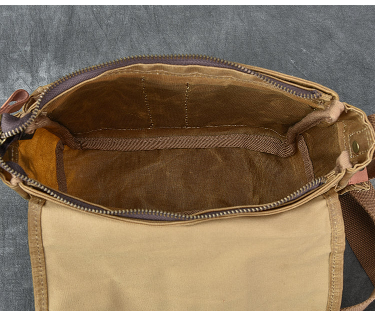 Waxed Canvas Leather Mens Gray Side Bag Khaki Messenger Bag Small Cour